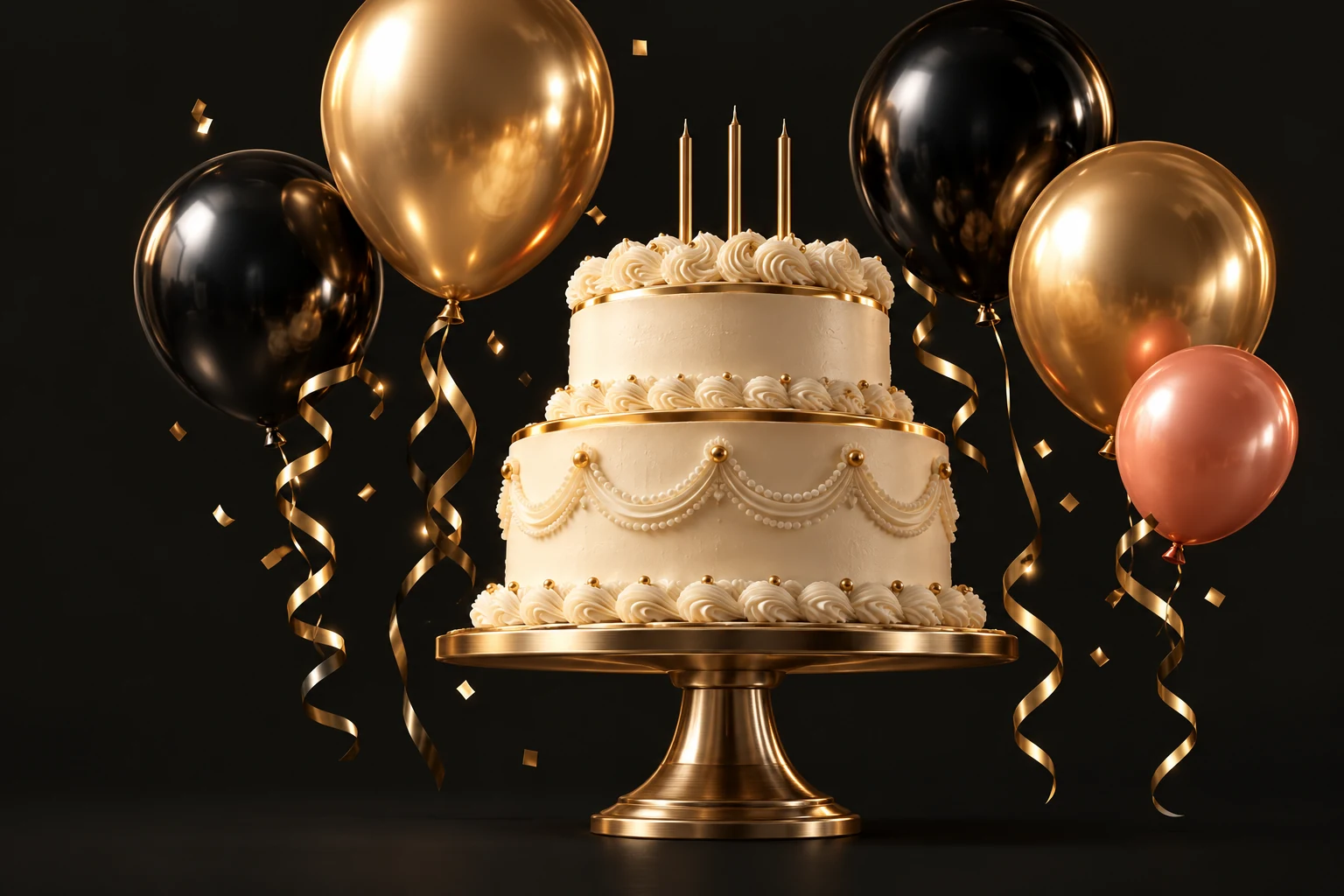 Torta de cumpleaños de crema y oro sobre un pedestal, rodeada de globos metalizados